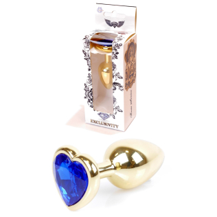 Анальная пробка золотистого цвета с синим камушком в форме сердечка Boss of toys Boss Series Jewellery Gold Heart Plug Dark Blue размер S