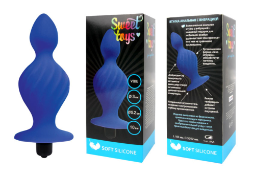 Анальна пробка ребриста силіконова з вібрацією SWEET TOYS синя L 10 см d 3,0x5, 2 см - 4