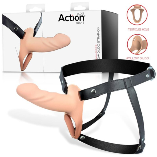 Ременной страпон для мужчин полый с петлей на мошонку телесного цвета Action Strap-On Hollow Dildo Premium размер S