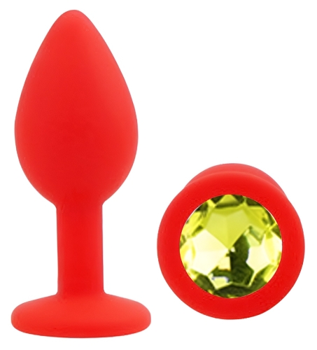 Силіконова червона анальна пробка із салатовим кристалом EGZO Silicone Round Plug розмір S - 2