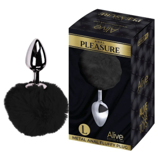 Анальная пробка серебристая с черным хвостиком Alive Anal Pleasure размер L  
