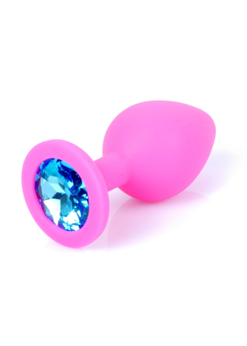 Анальний корок силіконовий рожевого кольору з блакитним камінчиком Boss series Plug Jewellery - 8