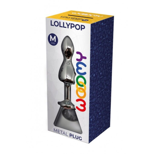 Анальна пробка у формі льодяника з камінчиком Сріблястого кольору Wooomy Lollypop Double Ball Metal Plug розмір M - 3