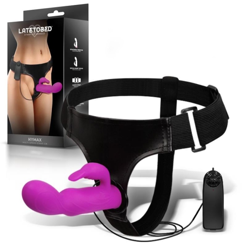 Вибрострапон ременной с отростком для клитора фиолетовый с пультом управления Latetobed Hymax Strap-On Harness Multi-speed Vibe Rabbit Remote Control - 1
