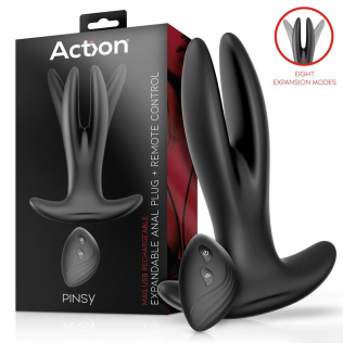 Анальная вибропробка с раздвижением и ПУ Action Pinsy Expandable Butt Plug черного цвета 