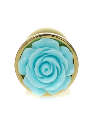 Анальний затор золотистого кольору з блакитною трояндочкою Boss series Plug Jewellery - 2