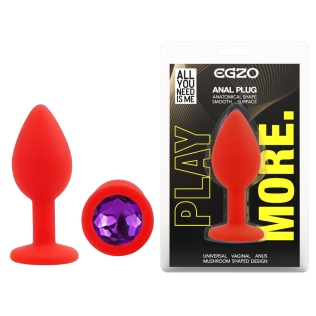 Силіконовий червоний анальний затор з фіолетовим кристалом EGZO Silicone Round Plug розмір S