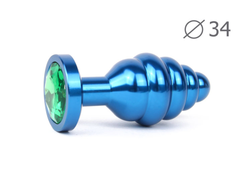 Анальная пробка BLUE PLUG MEDIUM синего цвета с зеленым кристаллом - 1