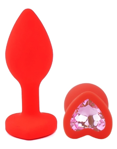 Силіконова червона анальна пробка з рожевим кристалом у формі серця EGZO Silicone Heart Plug розмір S - 2