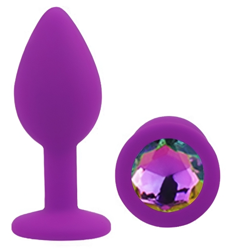 Силиконовая фиолетовая анальная пробка с радужным кристаллом EGZO Silicone Round Plug размер S - 2