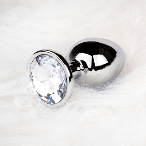 Анальний корок з білим каменем Round Gem розмір МOuch! сріблястого кольору - 7