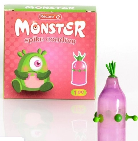 Презерватив с усиками и шариками розового цвета с зеленым Recare Monster 1штука - 1