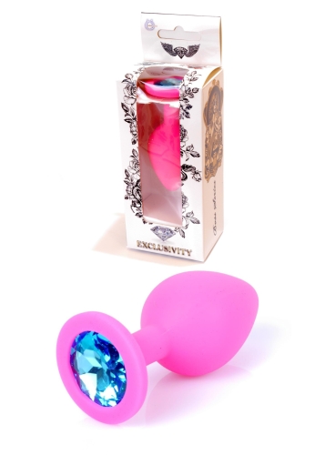 Анальний корок силіконовий рожевого кольору з блакитним камінчиком Boss series Plug Jewellery - 1