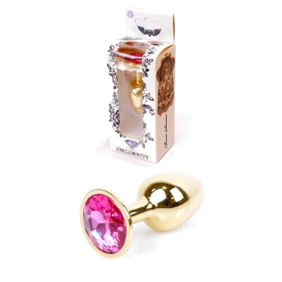 Анальная металлическая пробка золотистого цвета с розовым камушком Boss series Plug Jewellery Gold Plug Pink 