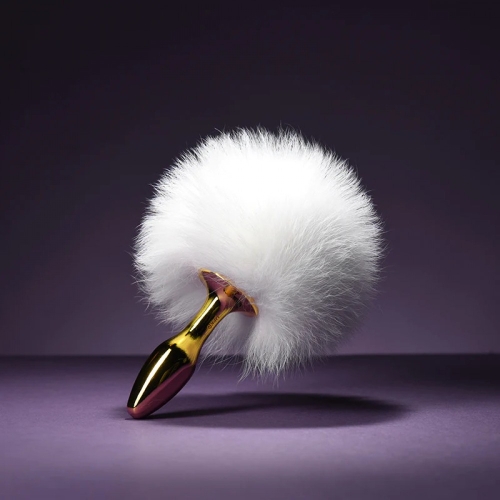 Анальний корок металевий золотистого кольору з білим хвостиком Upko Rabbit Fur Bunny Tail Small Butt Plug - 1