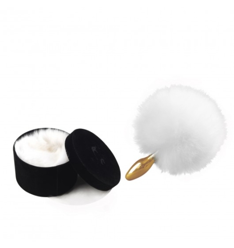 Анальний корок металевий золотистого кольору з білим хвостиком Upko Rabbit Fur Bunny Tail Small Butt Plug - 5