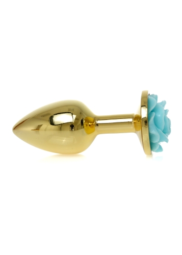 Анальний затор золотистого кольору з блакитною трояндочкою Boss series Plug Jewellery - 4