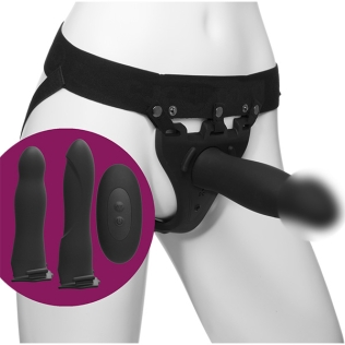 Набір для страпона з вібрацією з трьома силіконовими насадками Doc Johnson Body Extensions-BE Naughty-Black 10 функцій вібрації