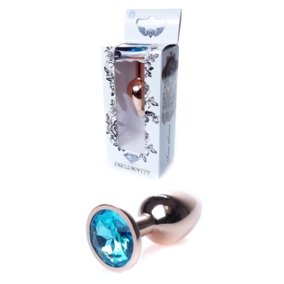 Анальная пробка золотистого цвета с голубым камушком Boss series Boss of toys Jewellery размер S 