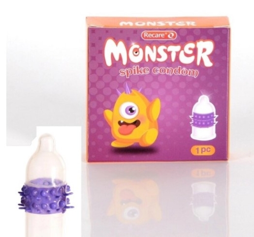 Презерватив прозрачного цвета с фиолетовыми усиками Recare Monster Boo 1штука - 1