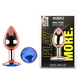 Анальная пробка из розового золота нержавеющей стали с синим кристаллом EGZO Rose Gold  Round Plug размер S