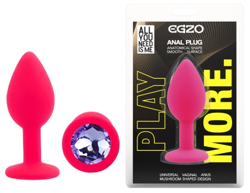 Силіконова рожева анальна пробка із бузковим кристалом EGZO Silicone Round Plug розмір S - 1