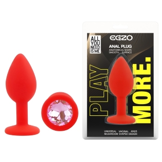 Силиконовая красная анальная пробка с розовым кристаллом EGZO Silicone Round Plug размер S
