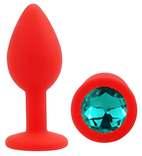 Силіконова червона анальна пробка з бірюзовим кристалом EGZO Silicone Round Plug розмір S - 2