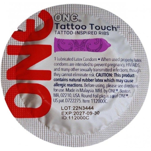 Презервативы с рельефными узорами латексные фиолетовые One Tattoo Touch 5 штук - 1
