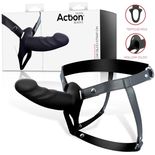 Ременной страпон для мужчин полый с петлей на мошонку черного цвета Action Strap-On Hollow Dildo Premium размер S - 1