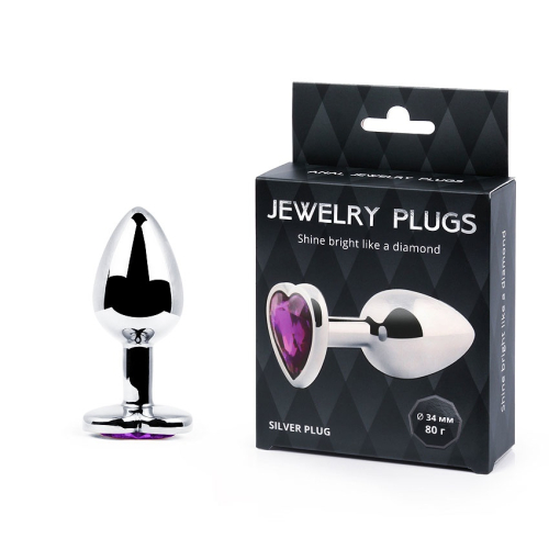 Анальна втулка металева з фіолетовою стразою у вигляді серця Anal Jewelry Plugs L 80 мм d 34 мм Вага 80г - 1