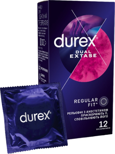 Презервативи рельєфні з анестетиком латексні з силіконовим мастилом Durex Dual Extase 12 штук - 1