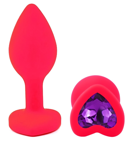 Силіконова рожева анальна пробка з фіолетовим кристалом у формі серця EGZO Silicone Heart Plug розмір S - 2
