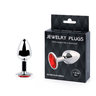 Анальна пробка срібляста з червоним каменем Сваровскі Anal Jewelry Plugs L 72 мм d 28 мм Вага 50г