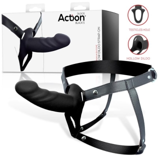 Ременной страпон для мужчин полый с петлей на мошонку черного цвета Action Strap-On Hollow Dildo Premium размер S