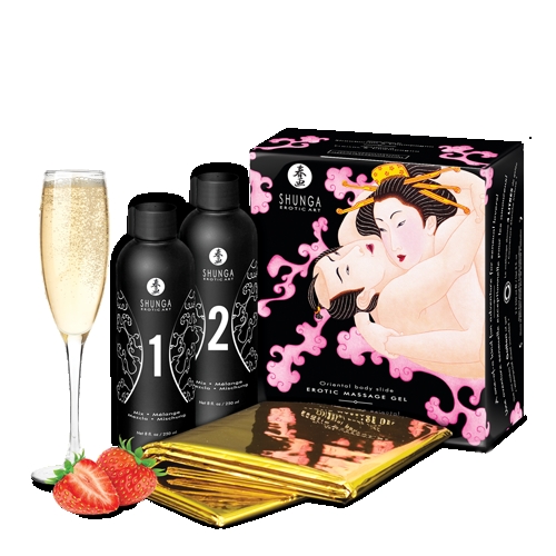 Гель для массажа возбуждающий аромат Клубничное игристое вино Shunga ORIENTAL BODY-TO-BODY 2 x 225 мл с простыню в комплекте - 3