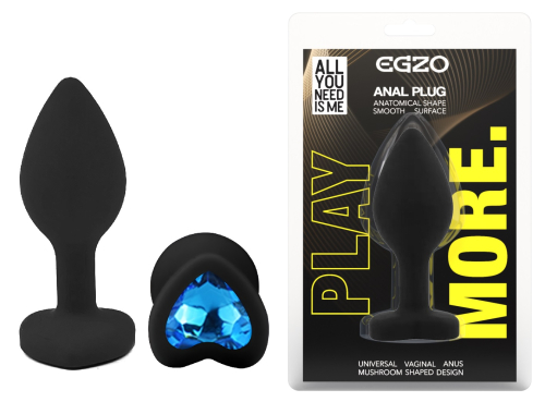 Силиконовая черная анальная пробка с синим кристаллом в форме сердца EGZO Silicone Heart Plug размер S - 1