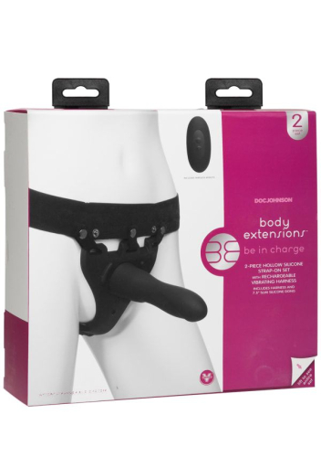 Страпон унисекс с вибрацией Doc Johnson Body Extensions полая насадка чёрный - 7