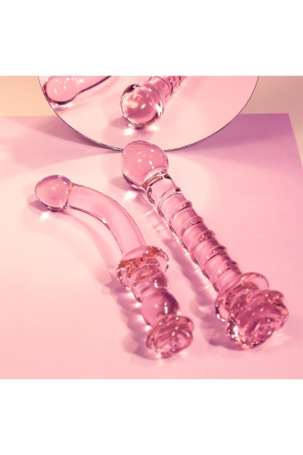 Изогнутый стеклянный розовый фаллоимитатор с бутоном для точки G Dream Toys Glaze Glass - 5