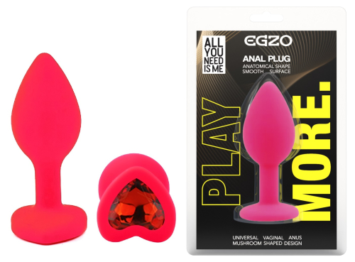 Силиконовая розовая анальная пробка с красным кристаллом в форме сердца EGZO Silicone Heart Plug размер S - 1