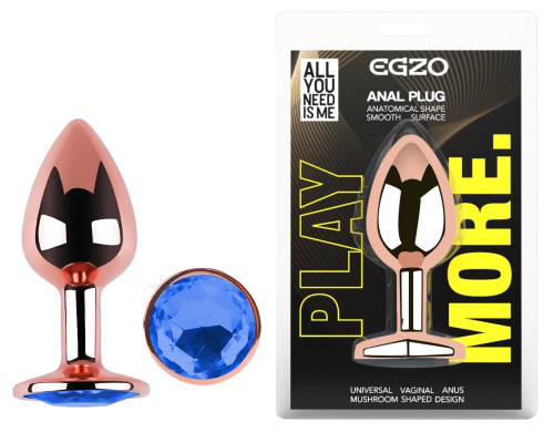 Анальная пробка из розового золота нержавеющей стали с синим кристаллом EGZO Rose Gold Round Plug размер S - 1