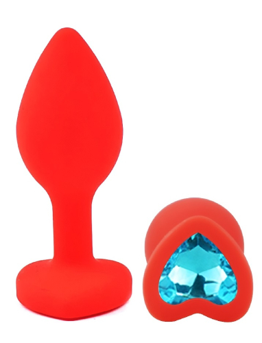 Силіконова червона анальна пробка з блакитним кристалом у формі серця EGZO Silicone Heart Plug розмір S - 2