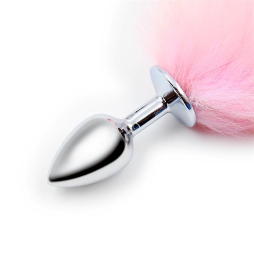 Анальная пробка металлическая серебристая с розовым хвостом Latetobed Butt Plug Pink White Tail размер S - 3