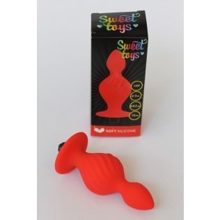 Анальная пробка ребристая силиконовая с вибрацией SWEET TOYS красная L 10 см D 3,0x5,2 см