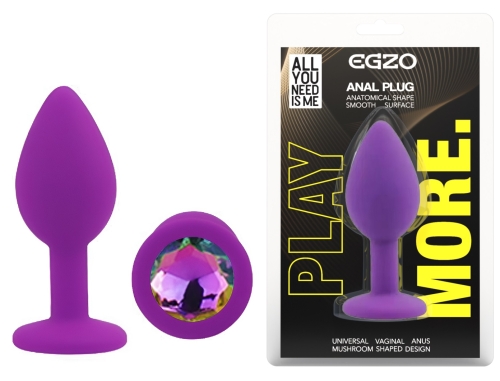 Силиконовая фиолетовая анальная пробка с радужным кристаллом EGZO Silicone Round Plug размер S - 1