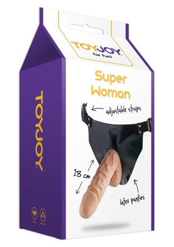 Ремінний страпон реалістичний тілесного кольору на чорних трусиках ToyJoy Superwoman - 3