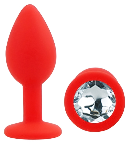Силіконова червона анальна пробка із прозорим кристалом EGZO Silicone Round Plug розмір S - 2