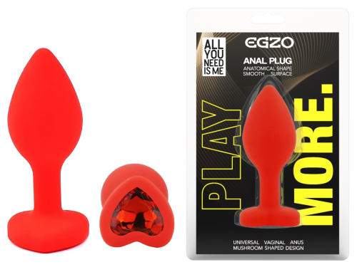 Силиконовая красная анальная пробка с красным кристаллом в форме сердца EGZO Silicone Heart Plug размер S - 1