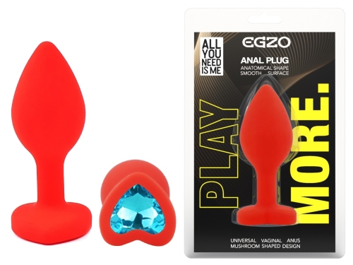 Силіконова червона анальна пробка з блакитним кристалом у формі серця EGZO Silicone Heart Plug розмір S - 1