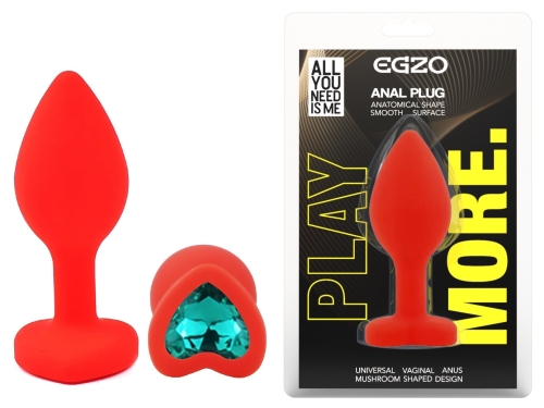 Силіконова червона анальна пробка з бірюзовим кристалом у формі серця EGZO Silicone Heart Plug розмір S - 1